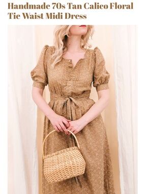 Handmade 70s Tan Calico Floral Tie Waist Midi Dress